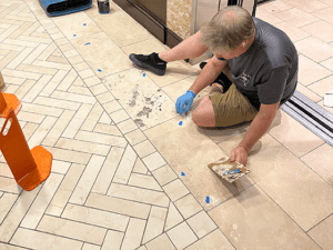 Commercial Travertine Floor Restored - Santa Fe Floor Care Travertine floor void and hole repair during restoration in Austin TX