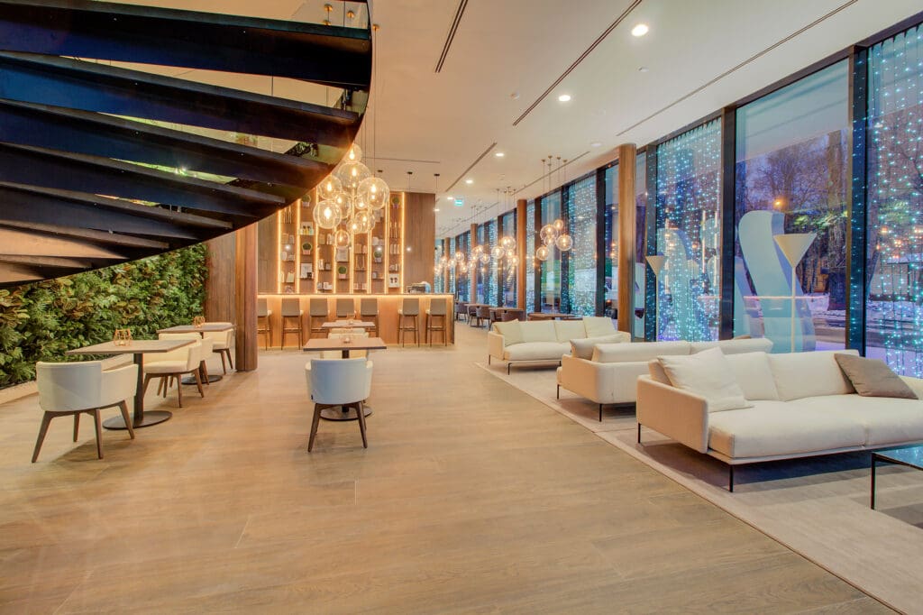 Refinished commercial hardwood floor in Austin TX by Santa Fe Floor Care