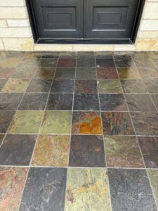 exterior-slate-tile-after-cleaning-and-sealing Exterior slate tile after professional cleaning and sealing with enhancing stone sealer