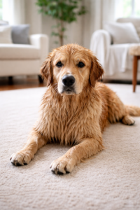 Wet Golden Retriever on beige carpet Wet Golden Retriever on beige carpet