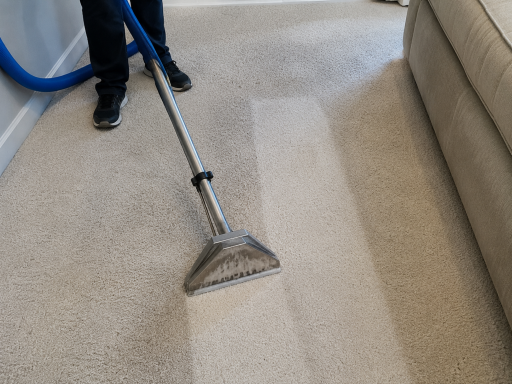 Technician using professional hot water extraction equipment to deep clean a residential carpet, removing embedded dirt that rental carpet cleaners often leave behind.