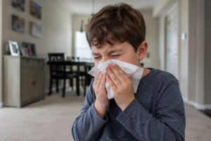 Child sneezing indoors due to allergy symptoms that can be worsened by dust, pollen, and allergens trapped in carpet fibers.