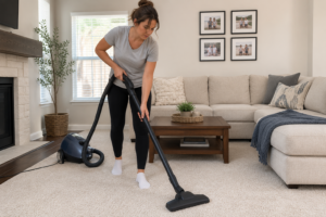 Homeowner vacuuming a carpet before professional carpet cleaning to remove loose dirt, dust, and debris for better cleaning results.